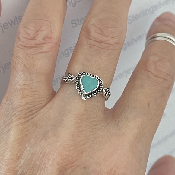 Sterling Silver Victorian Heart Synthetic Turquoise Ring, Love Silver Rings - Picture 2 of 13
